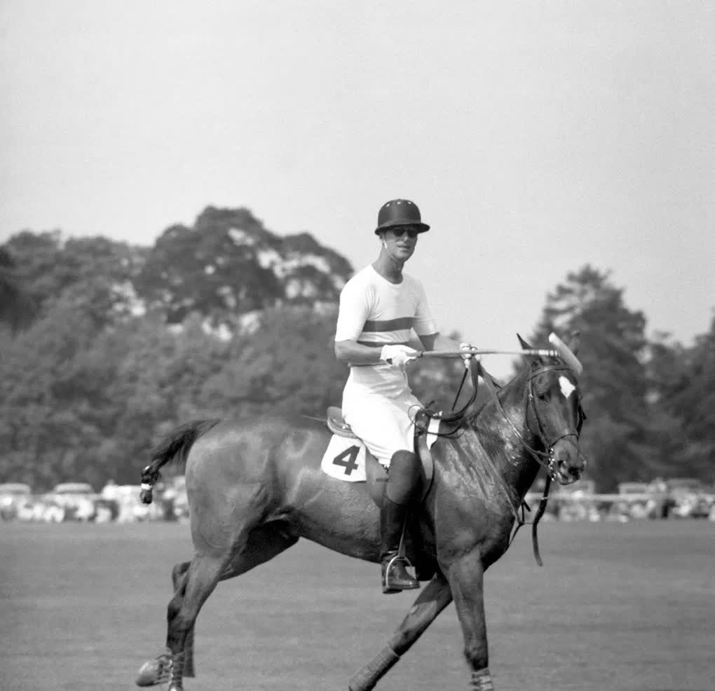 Герцог Эдинбургский играет в поло на территории Большого Виндзорского парка в составе команды гвардейцев Уэльса, 1954 год