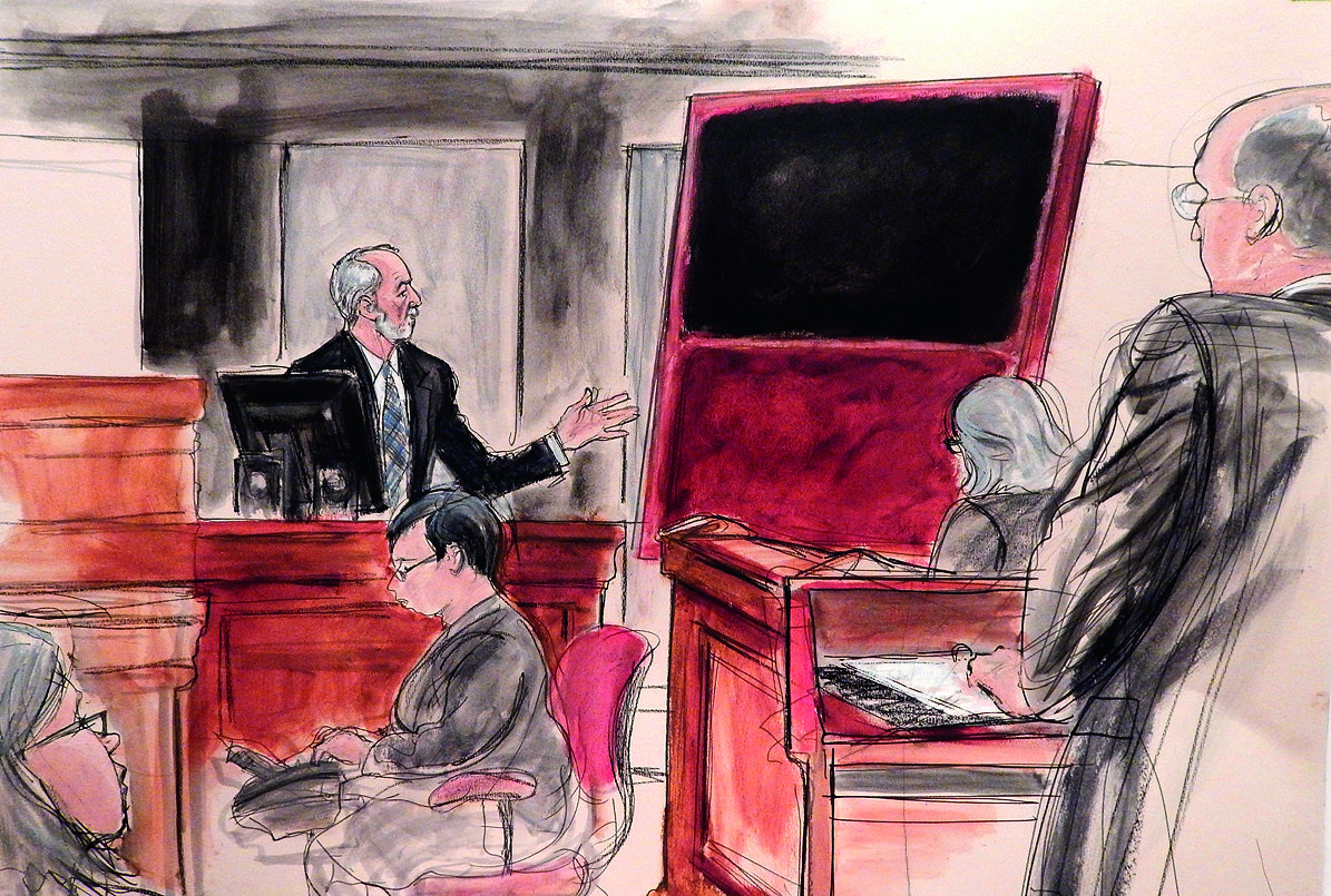 На эскизе из зала суда изображён Доменико Де Соле, дающий показания в гражданском процессе 2016 года о поддельной картине Ротко