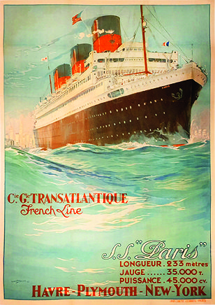 Рекламная афиша круиза на французском судне SS Paris с первым кинотеатром на борту