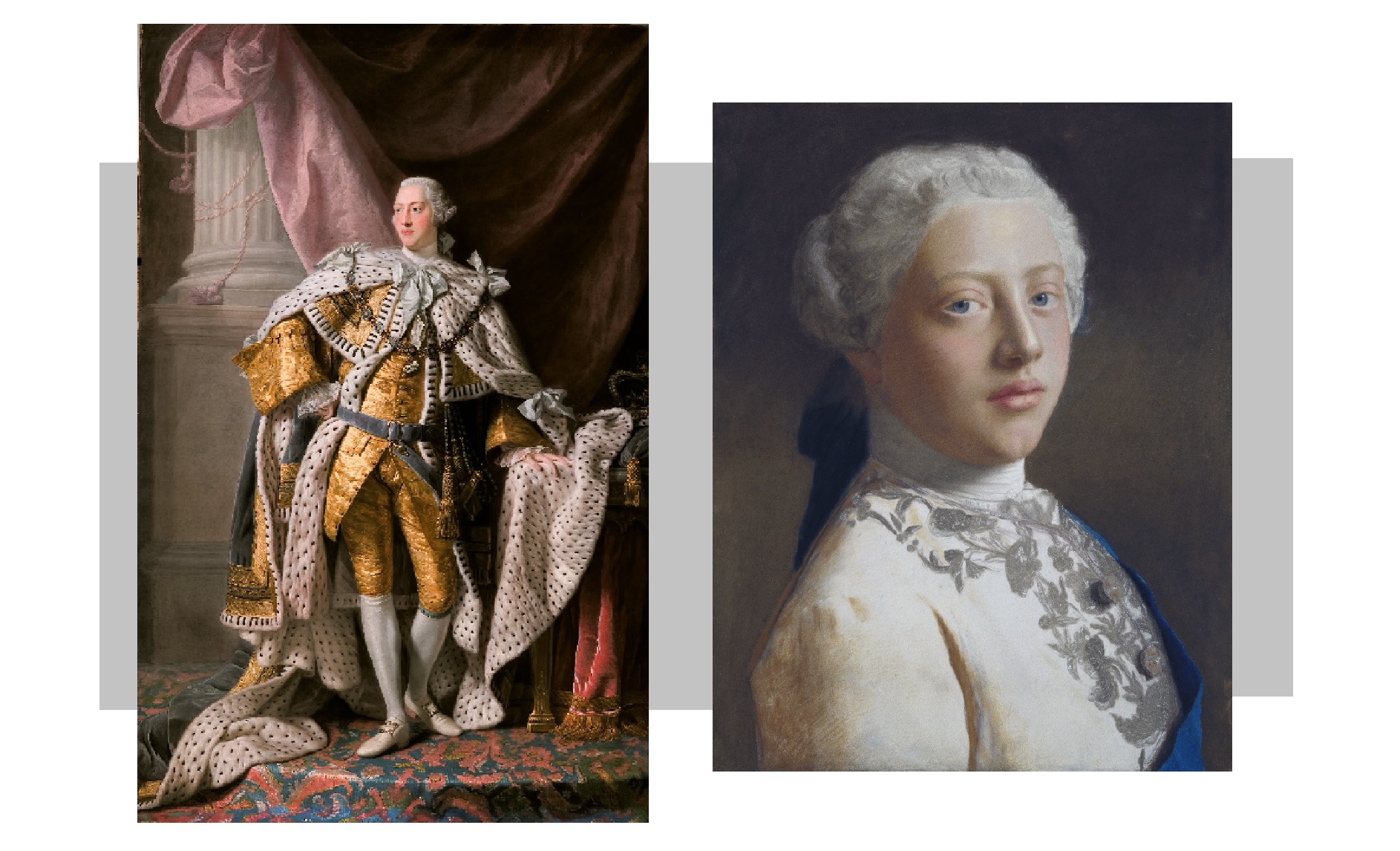 Георг III, король Великобритании. Слева — коронационный портрет кисти Аллана Рэмзи, справа — портрет юного Георга в период, когда он носил титул принца Уэльского, выполнен Жан-Этьеном Лиотаром