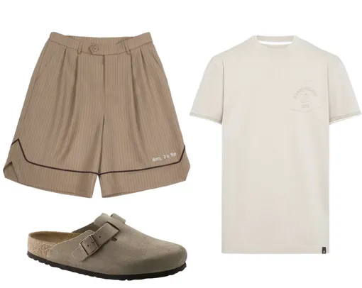 Шорты Sorry, I'm not, футболка Boggi Milano, клоги Birkenstock стильные мужские шорты 2025, модные мужские шорты 2025, коричневые мужские шорты