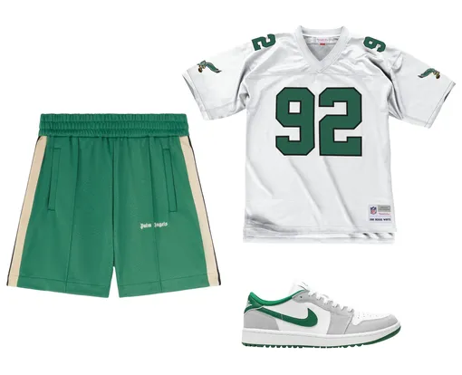 Шорты Palm Angels, футболка Mitchell & Ness, кроссовки Jordan Шорты Palm Angels, футболка Mitchell & Ness, кроссовки Jordan