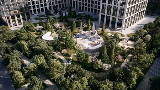 Во дворе комплекса «Монблан» спланирована многофункциональная среда для резидентов: амфитеатр, отдельные игровые площадки для малышей и школьников, павильон для работы и отдыха, спортивная воркаут-зона, арт-объекты, символизирующие силы природы Во дворе комплекса «Монблан» спланирована многофункциональная среда для резидентов: амфитеатр, отдельные игровые площадки для малышей и школьников, павильон для работы и отдыха, спортивная воркаут-зона, арт-объекты, символизирующие силы природы