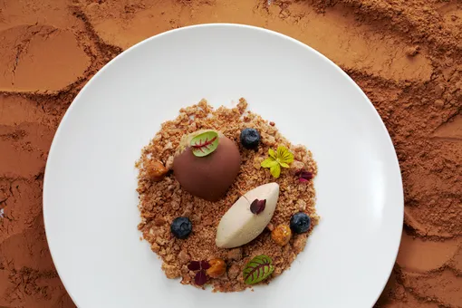 Фундучное кремю с меренгой «Роше», ванильным кремом и кофейным мороженым Фундучное кремю с меренгой «Роше», ванильным кремом и кофейным мороженым