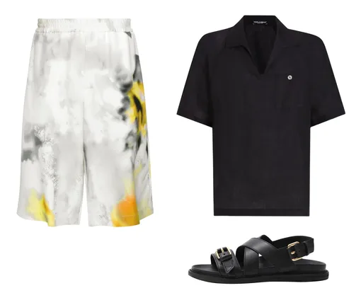 Шорты Alexander McQueen, футболка Dolce & Gabbana, сандалии Moschino Шорты Alexander McQueen, футболка Dolce & Gabbana, сандалии Moschino