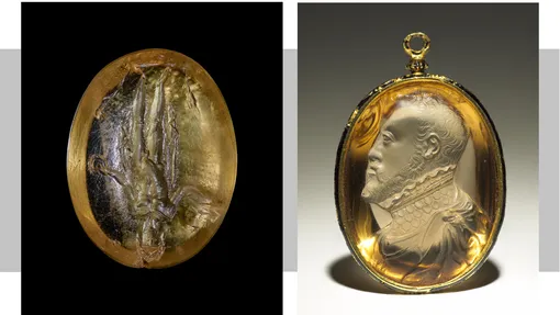 Слева: изображение древнеримского божества Эвентуса, I век н.э. Справа: кулон Филиппа II, короля Испании, XVII век.