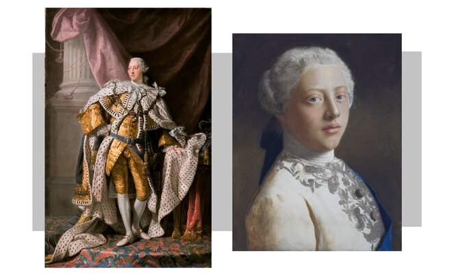 Георг III, король Великобритании. Слева — коронационный портрет кисти Аллана Рэмзи, справа — портрет юного Георга в период, когда он носил титул принца Уэльского, выполнен Жан-Этьеном Лиотаром