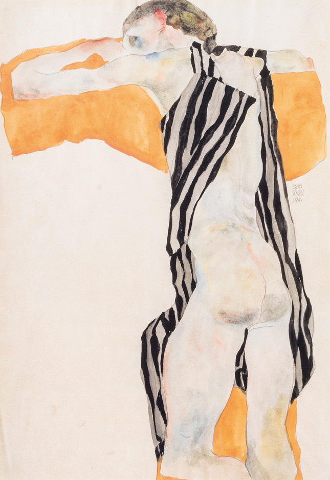 «Reclining Nude Girl in Striped Smock» Эгон Шиле, 1911