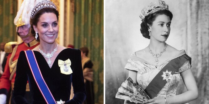 Кэтрин, тогдашняя герцогиня Кембриджская, на снимке 2014 года с ожерельем, подаренным Елизавете II королем индийского княжества Хайдарабад