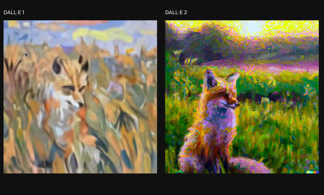 Картина нейросети Dall-e 2 с изображением лисы, сидящей в поле на восходе солнца, в стиле Клода Моне